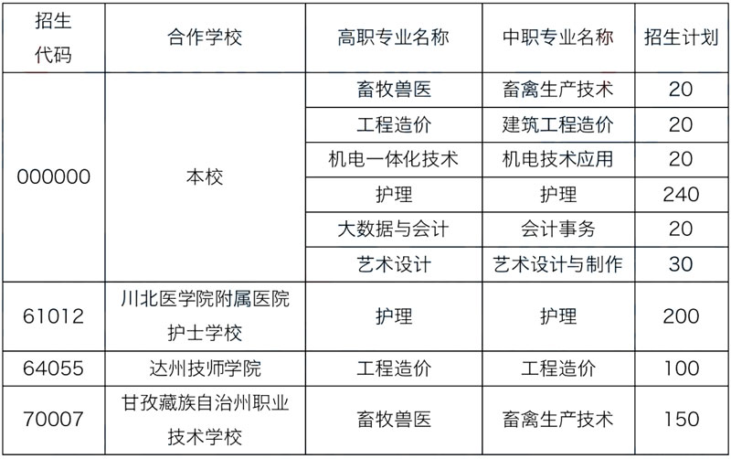 达州职业技术学院2022年五年制大专招生计划表